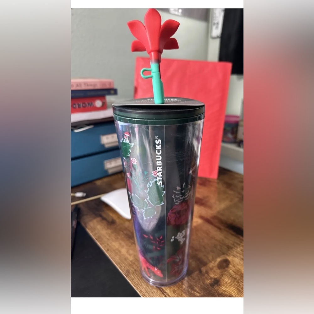 NEW - Starbucks Holiday Poinsettia 24oz Venti Tumbler w/Silicone Flower Topper